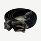 Chrome Hearts black leather three piece belt coiled with sterling silver dagger buckle, keeper and end cap.