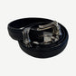 Chrome Hearts three piece black leather belt coiled showing silver dagger buckle and matching tip hardware.