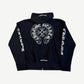 Chrome Hearts tonal monogram zipup back view with white horseshoe cross logo and dagger sleeve prints