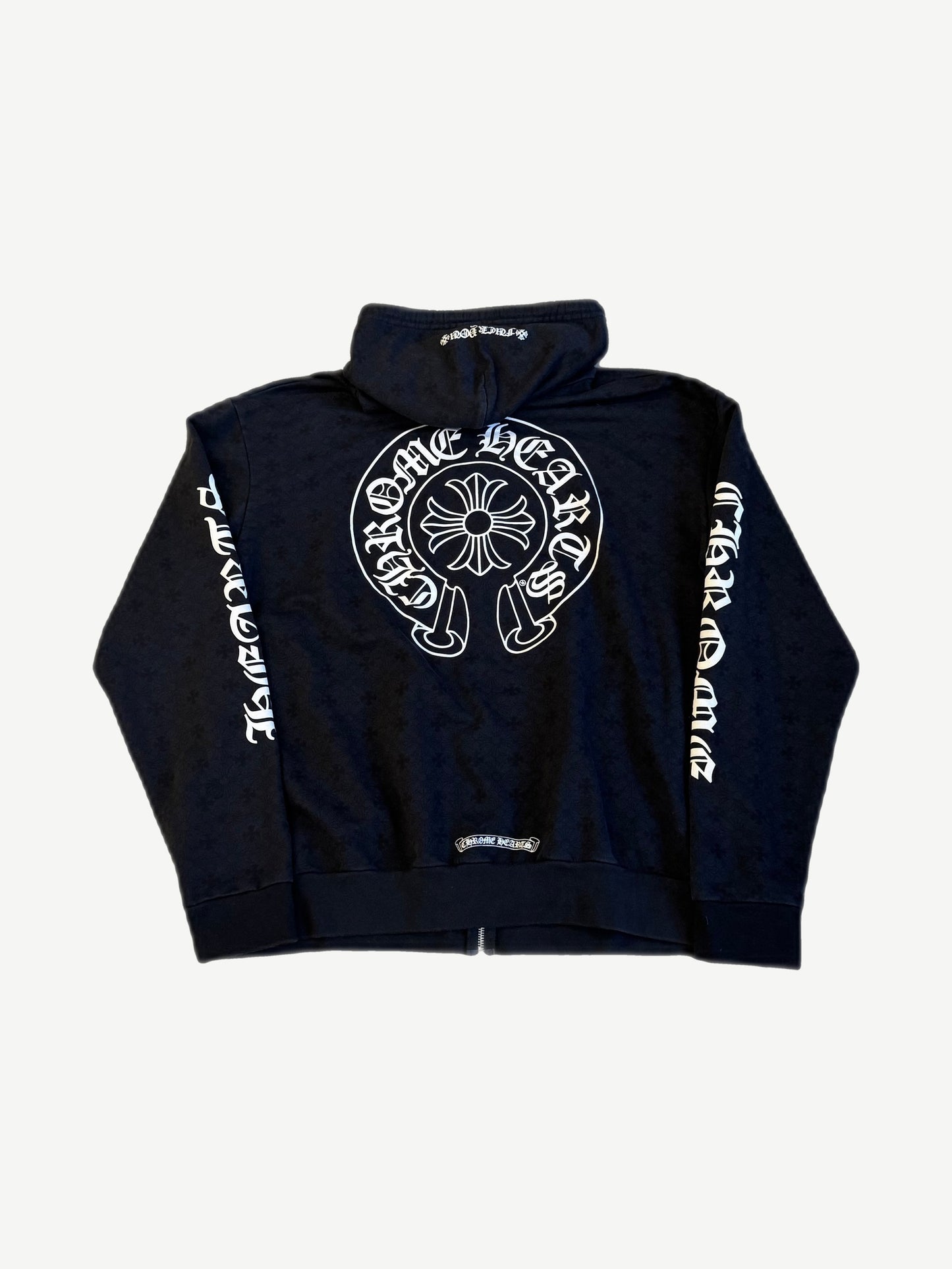 Chrome Hearts tonal monogram zipup back view with white horseshoe cross logo and dagger sleeve prints