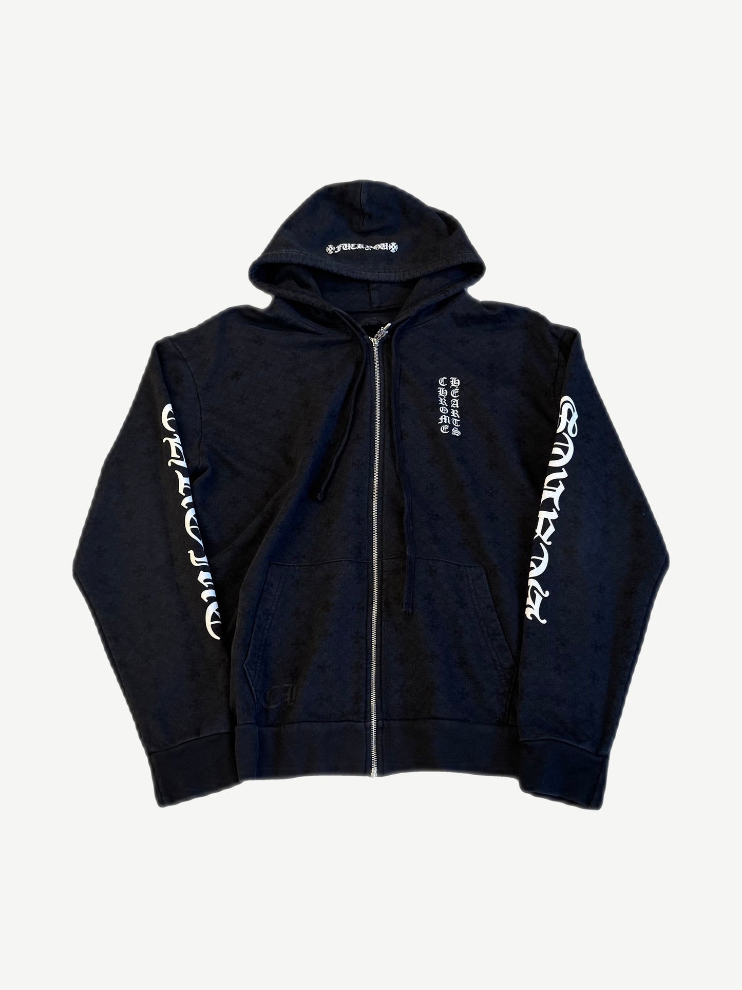 Chrome Hearts black tonal monogram zip up hoodie with dagger sleeve print and vertical chest logo embroidery