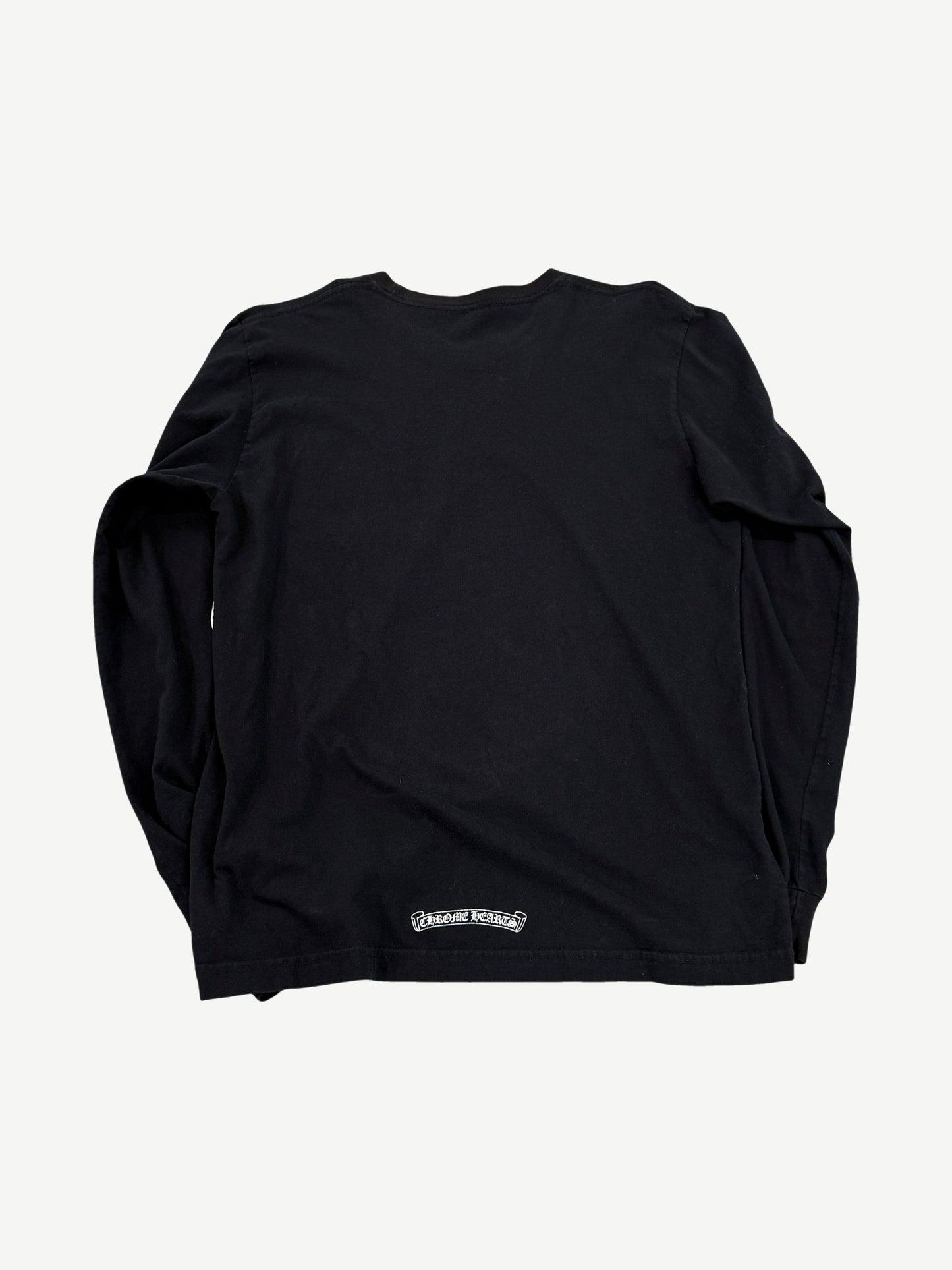 Chrome Hearts black flame long sleeve back view with Chrome Hearts scroll banner logo at lower hem.