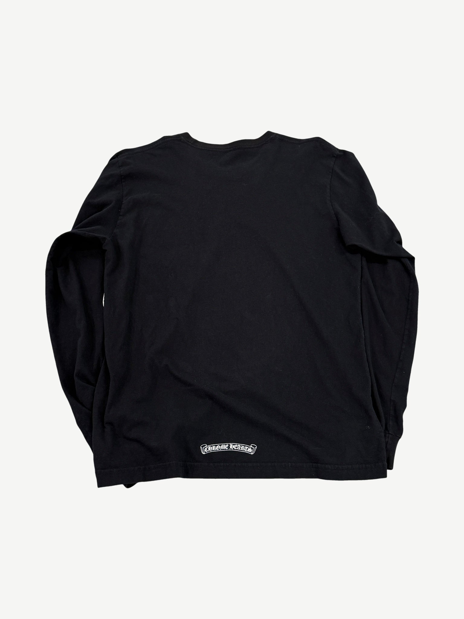 Chrome Hearts black flame long sleeve back view with Chrome Hearts scroll banner logo at lower hem.