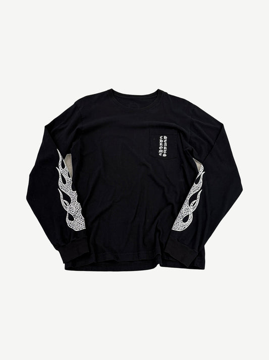 Chrome Hearts black long sleeve tee with vertical pocket logo and white floral flame sleeve graphic prints.