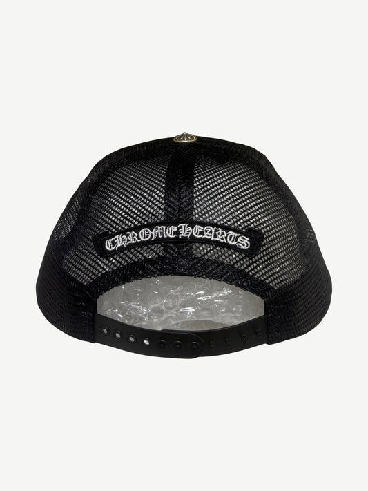 Chrome Hearts Black White Fuck Leather Trucker Hat
