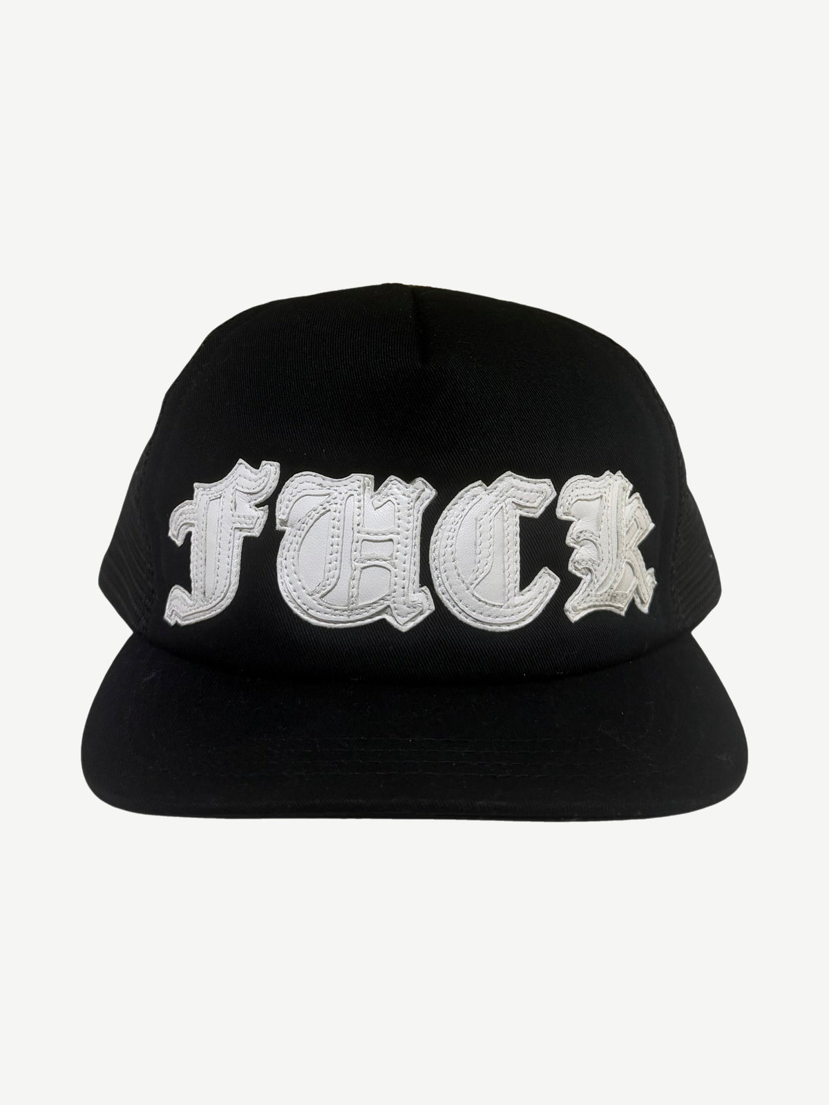 Chrome Hearts Black White Fuck Leather Trucker Hat
