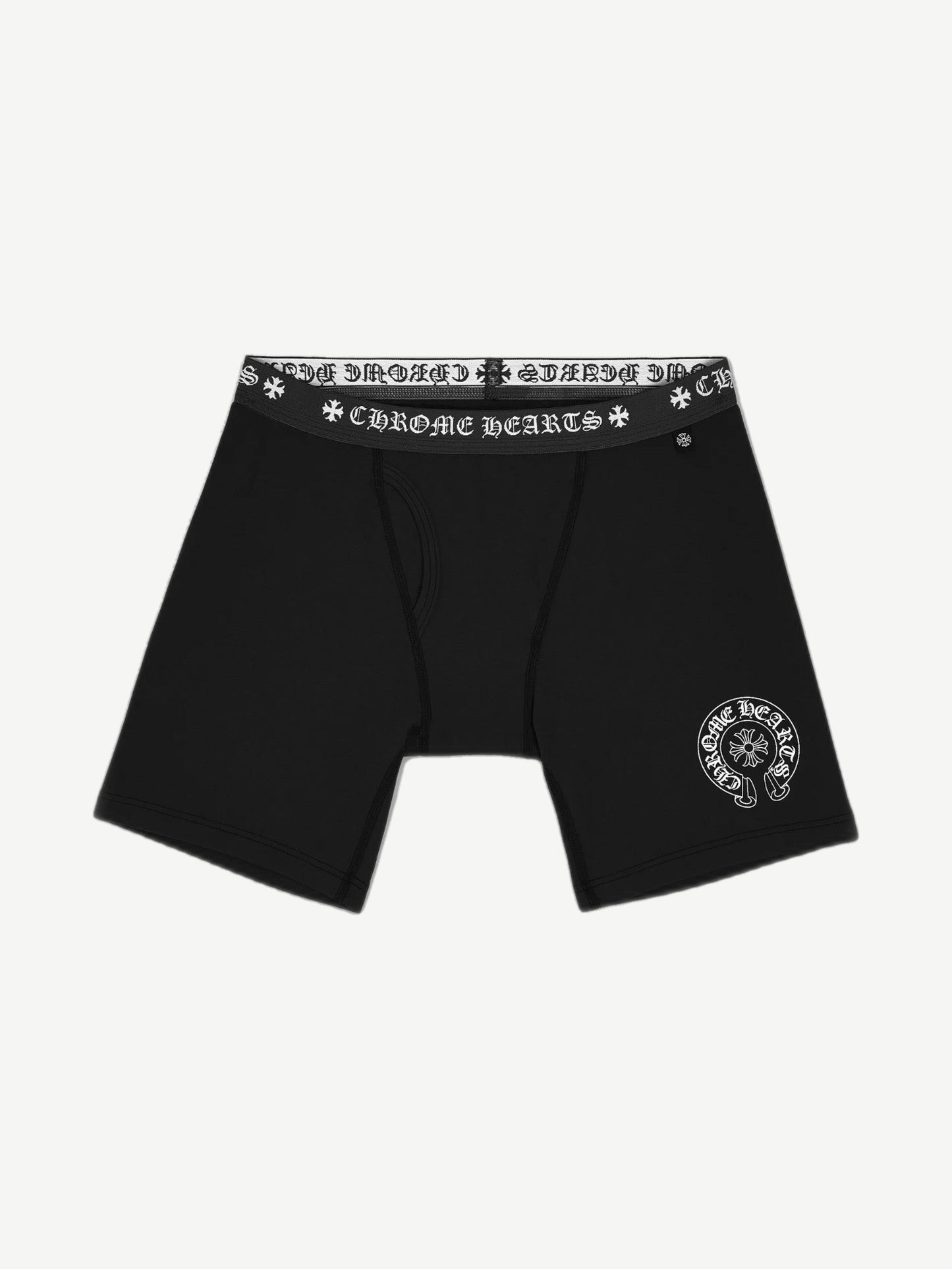 Chrome Hearts black long boxer brief with white logo waistband and horseshoe cross thigh print