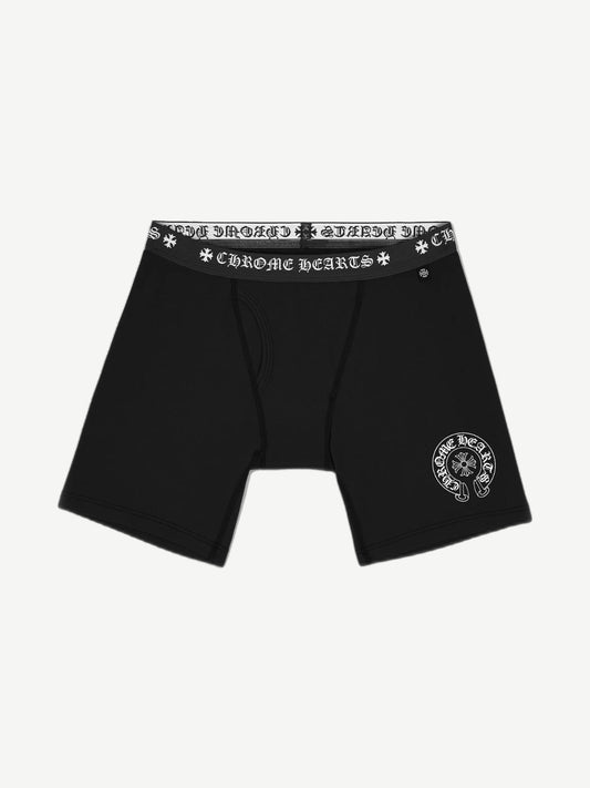 Chrome Hearts black long boxer brief with white logo waistband and horseshoe cross thigh print