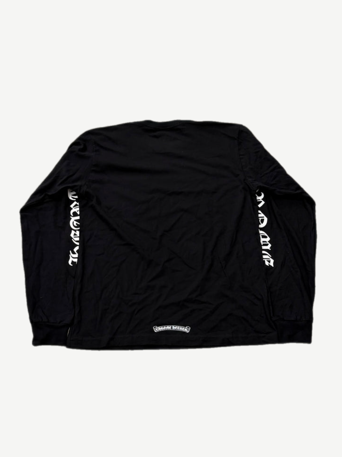 Chrome Hearts longsleeve back view in black cotton with white scroll logo print across upper back.