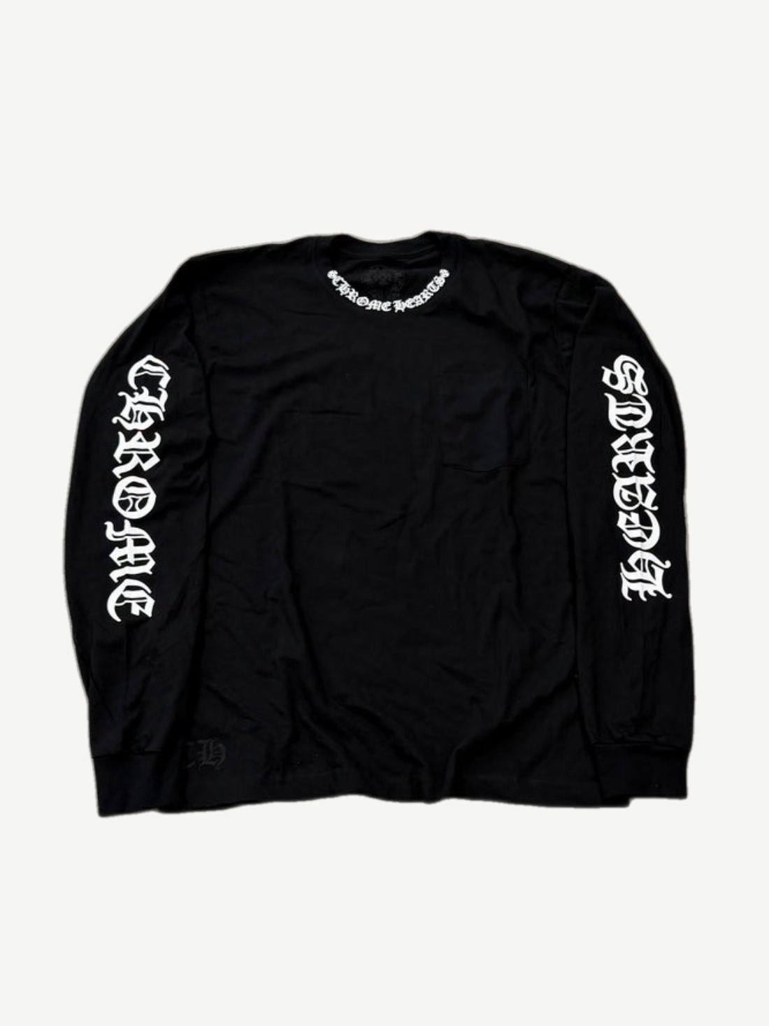 Chrome Hearts black longsleeve tee front with white neck logo print and ribbed crew collar.