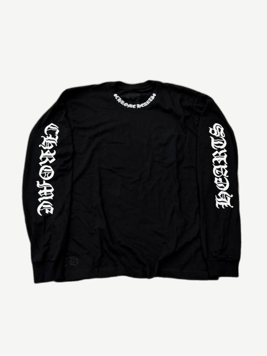 Chrome Hearts black longsleeve tee front with white neck logo print and ribbed crew collar.