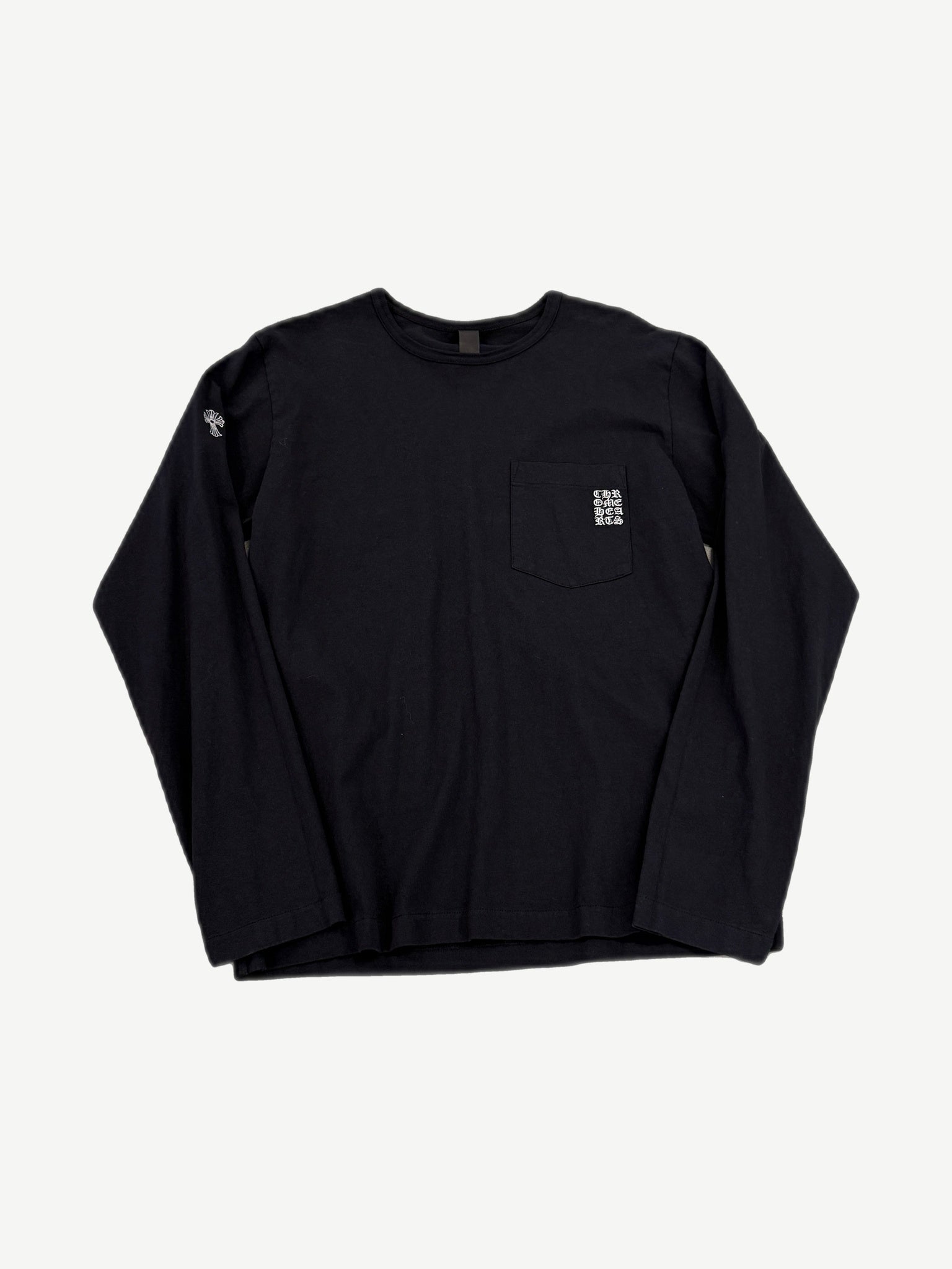 Chrome Hearts black pocket longsleeve front with stacked old english Chrome Hearts text on chest pocket