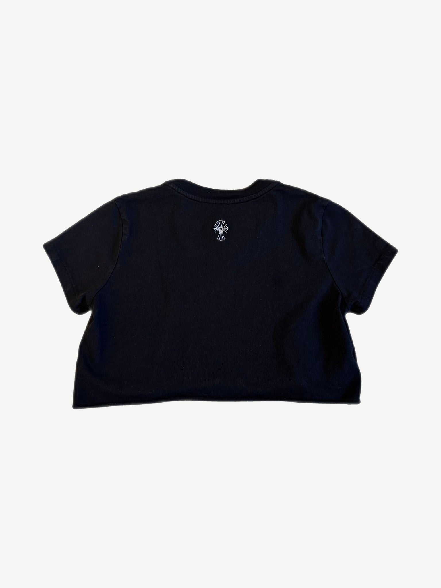 Chrome Hearts black cropped tee back view with small white cross logo embroidery at neckline