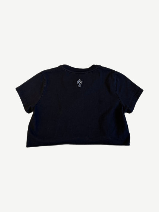 Chrome Hearts black cropped tee back view with small white cross logo embroidery at neckline