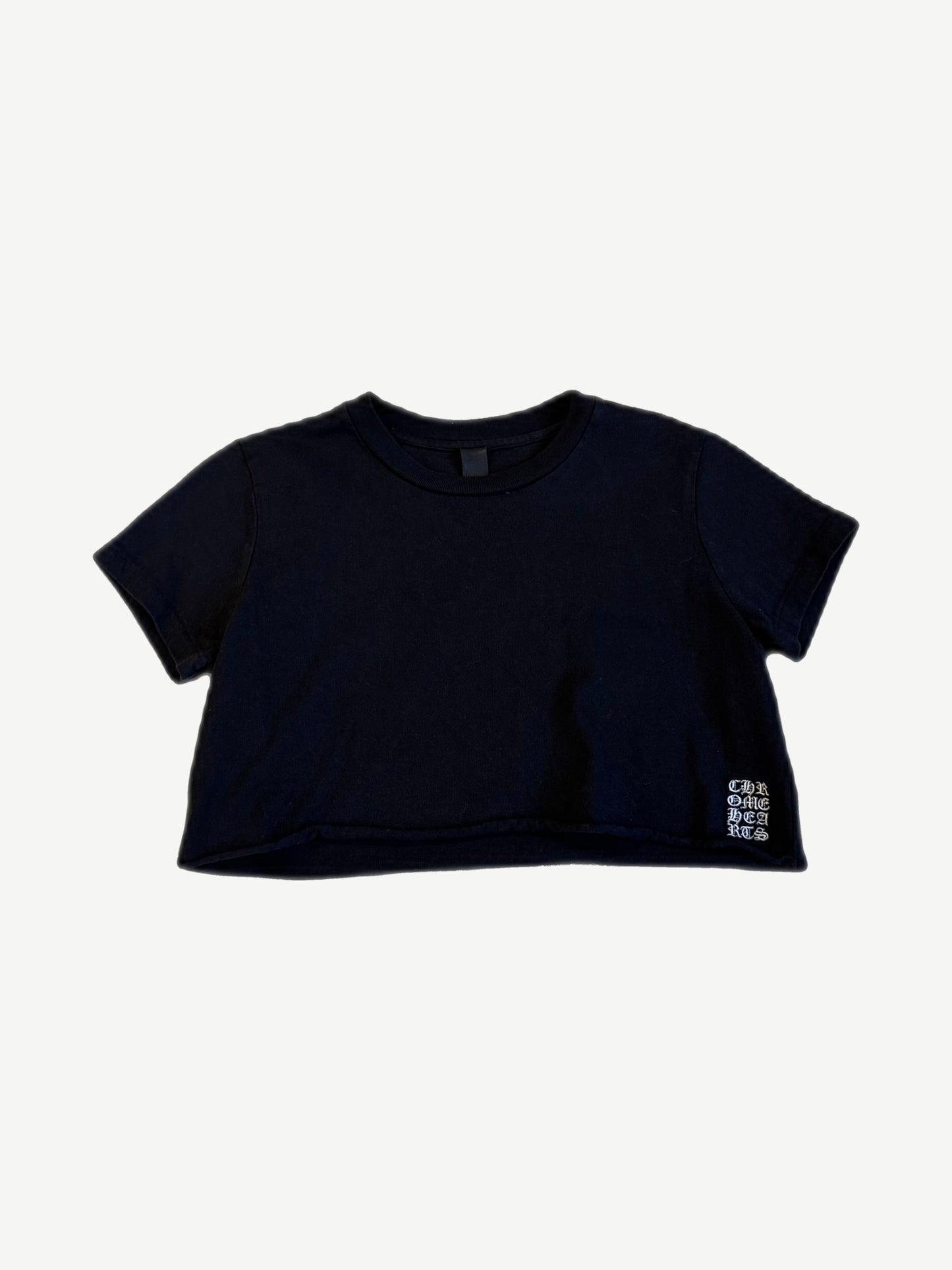 Chrome Hearts black womens cropped tee with white gothic Chrome Hearts vertical embroidery at hem