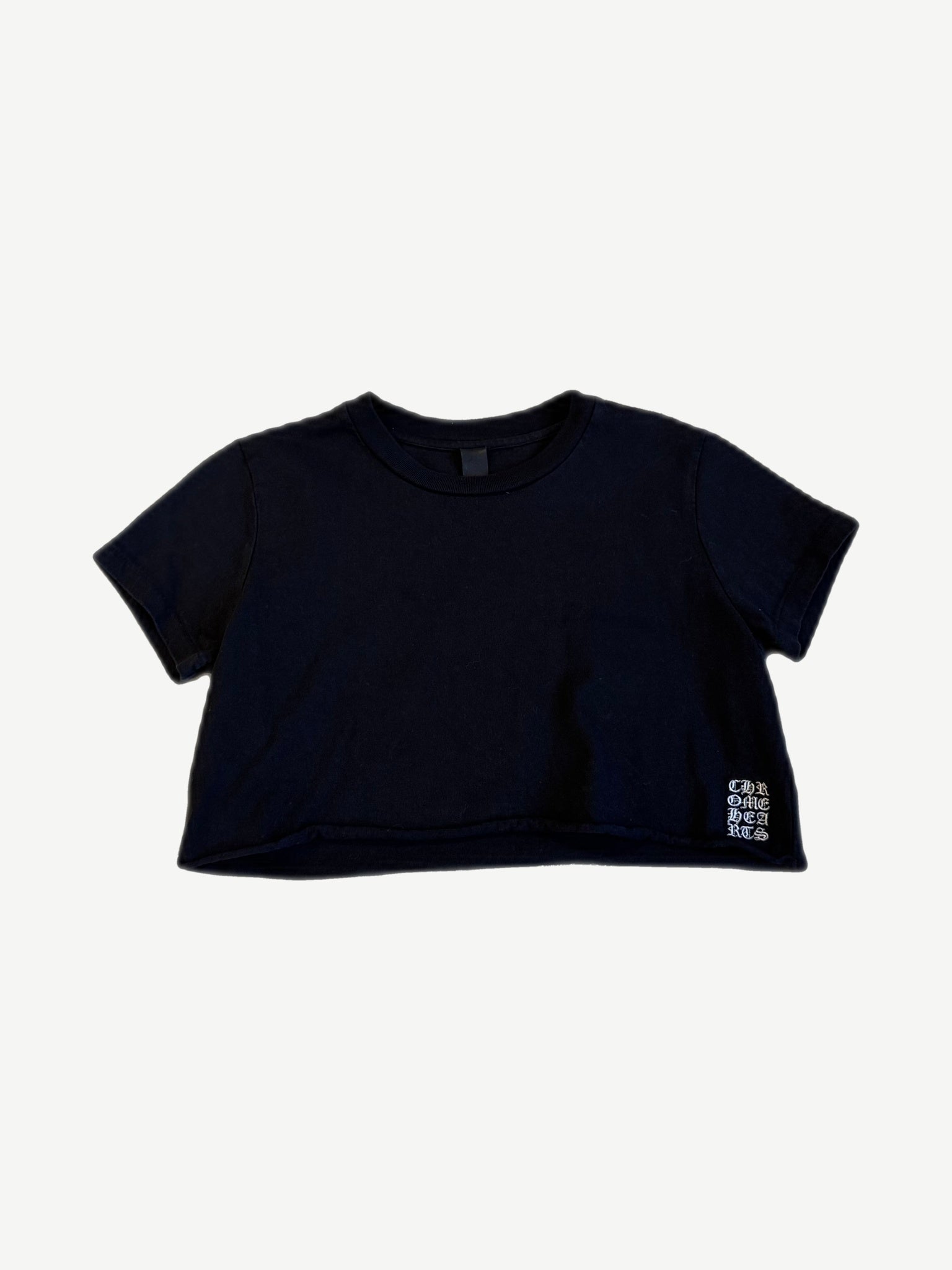 Chrome Hearts black womens cropped tee with white gothic Chrome Hearts vertical embroidery at hem