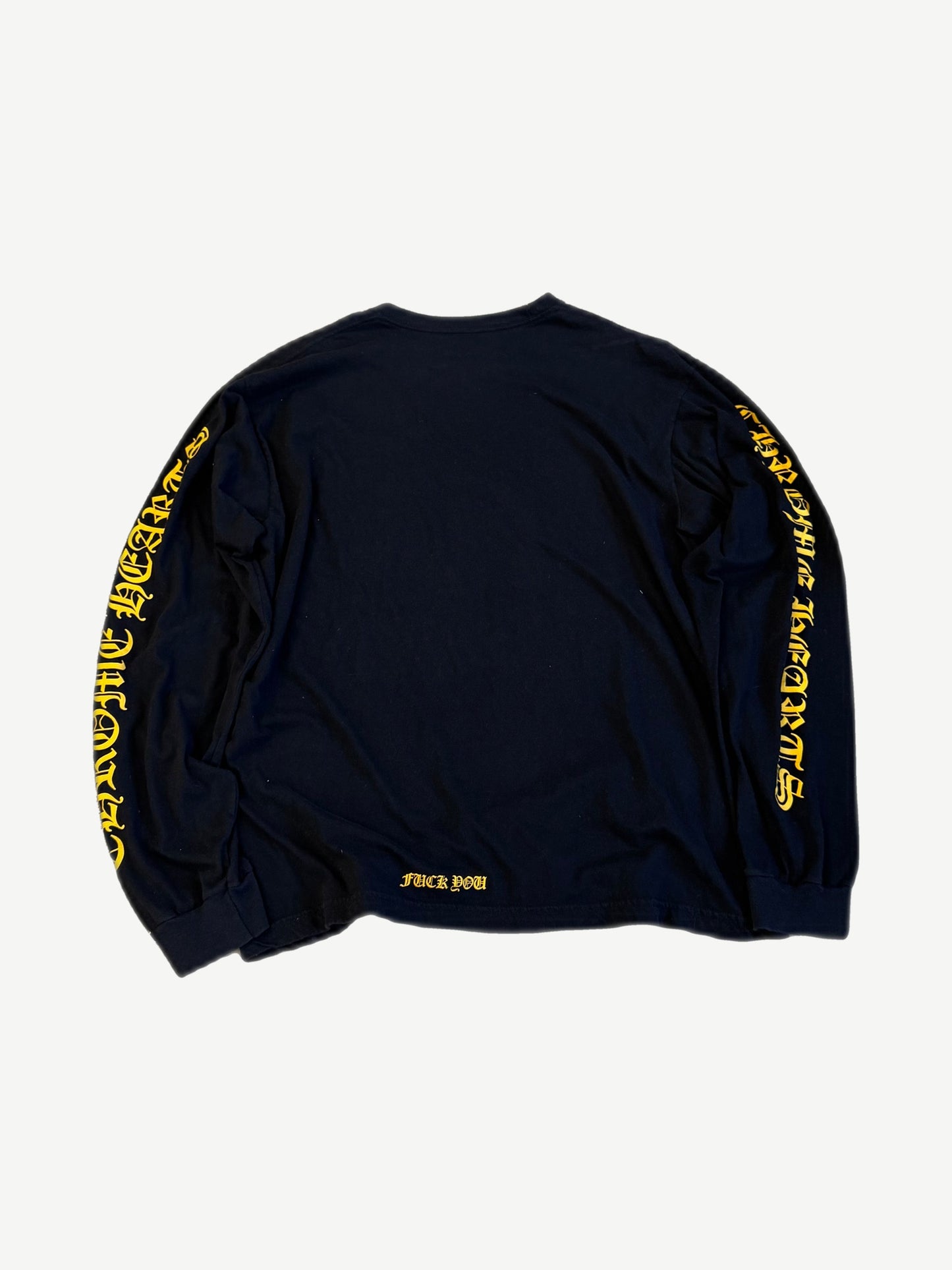 Chrome Hearts black longsleeve back with yellow Chrome Hearts gothic sleeve text and Fuck You hem print