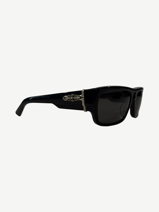 Chrome Hearts Yer Born Again black sunglasses front view with thick acetate frame and dark tinted lenses.