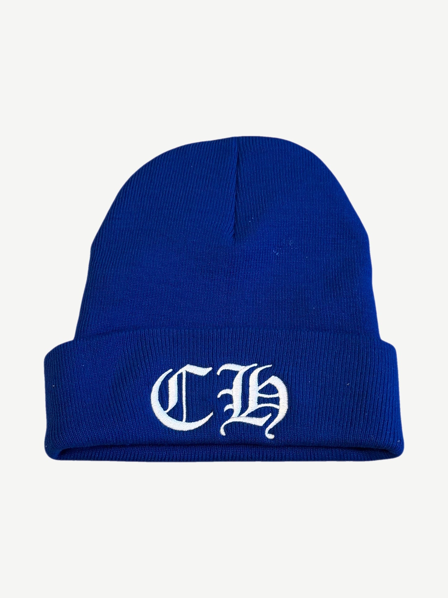 Chrome Hearts blue watch beanie in ribbed royal knit with white embroidered Old English CH on cuff.