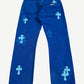Chrome Hearts London blue cross patch jeans back, royal blue with tonal leather cross patches and CH plaque.