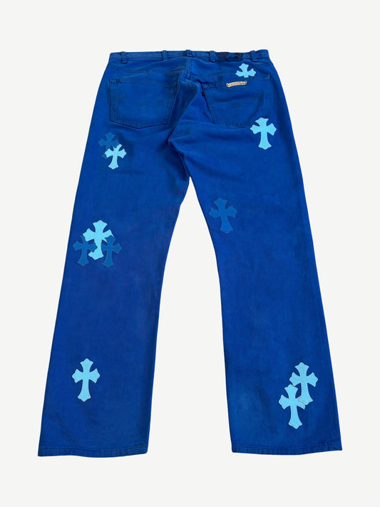 Chrome Hearts London blue cross patch jeans back, royal blue with tonal leather cross patches and CH plaque.