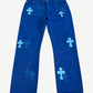 Chrome Hearts London Exclusive blue jeans front, royal blue denim covered with light blue leather cross patches.