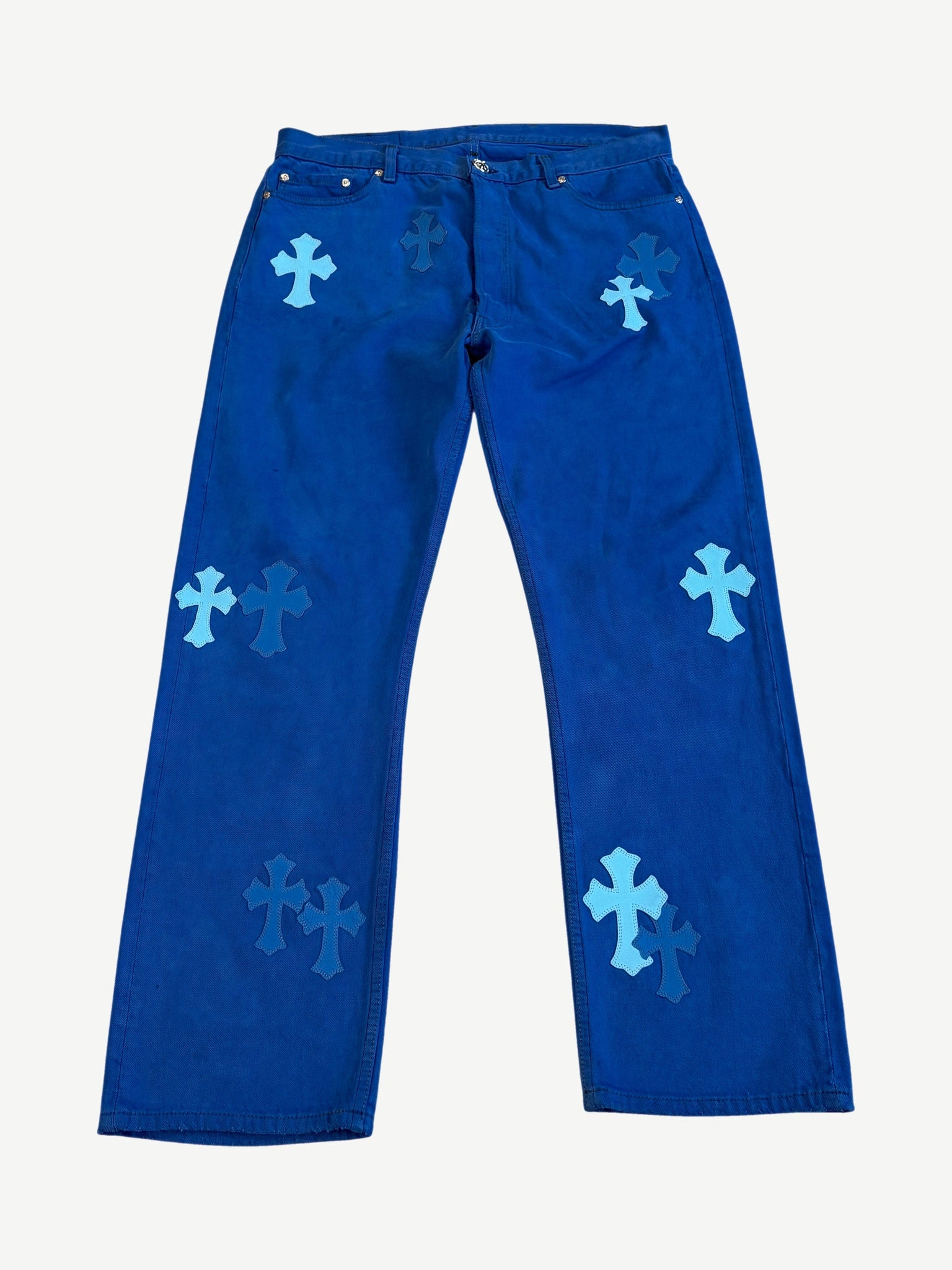 Chrome Hearts London Exclusive blue jeans front, royal blue denim covered with light blue leather cross patches.
