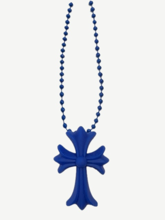 Chrome Hearts blue silicone cross pendant necklace on matching blue ball chain in cobalt rubber finish.