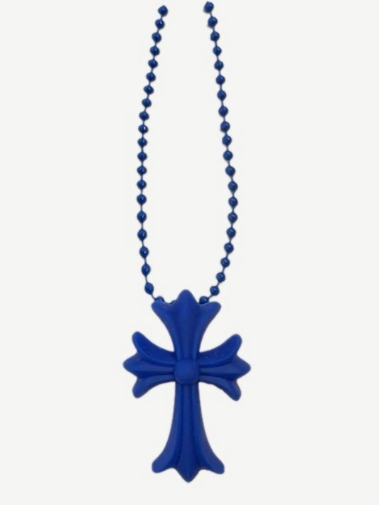 Chrome Hearts blue silicone cross pendant necklace on matching blue ball chain in cobalt rubber finish.