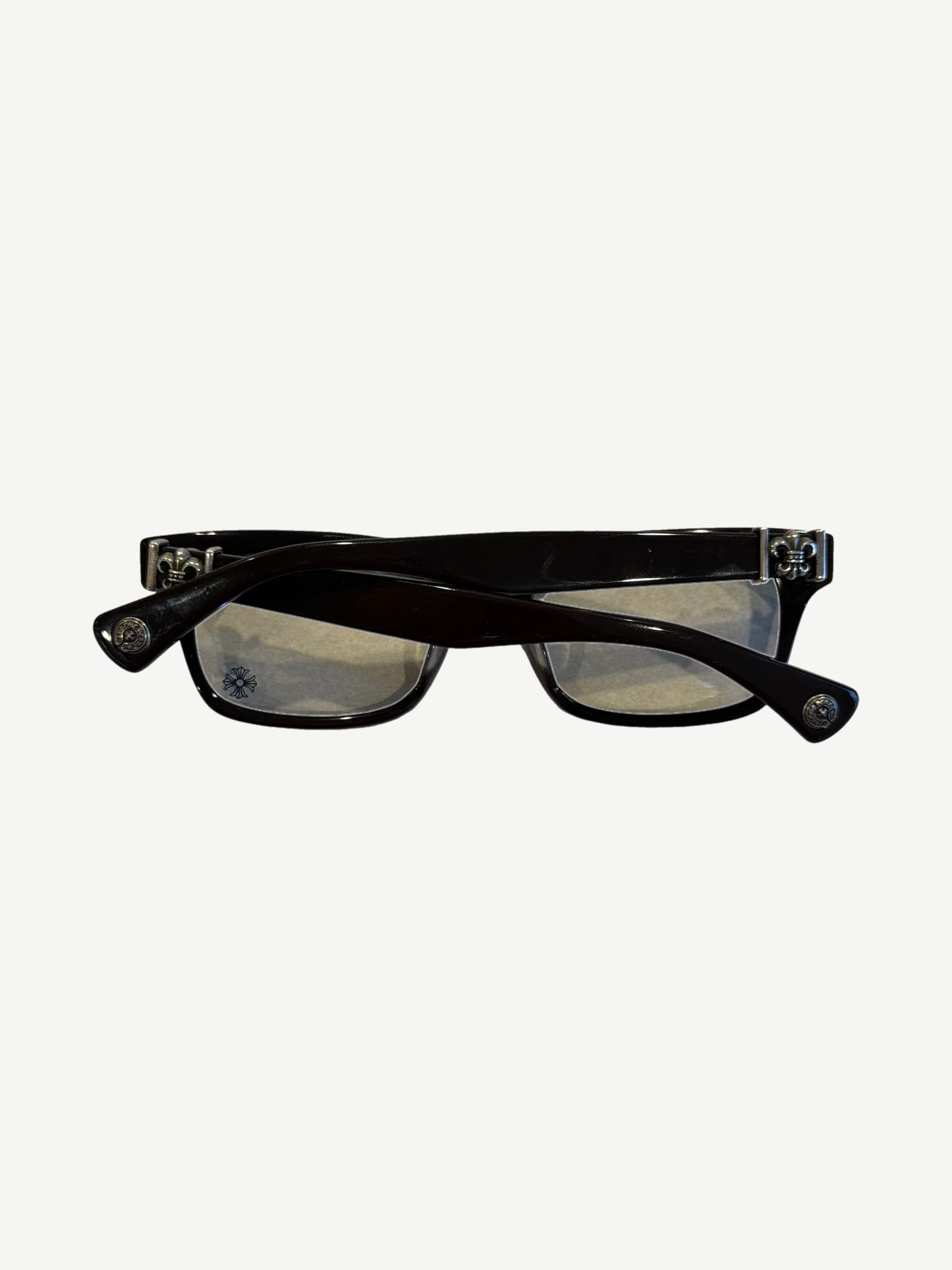 Chrome Hearts Gittin Any? brown tortoise frame glasses, side angle showing engraved silver temples