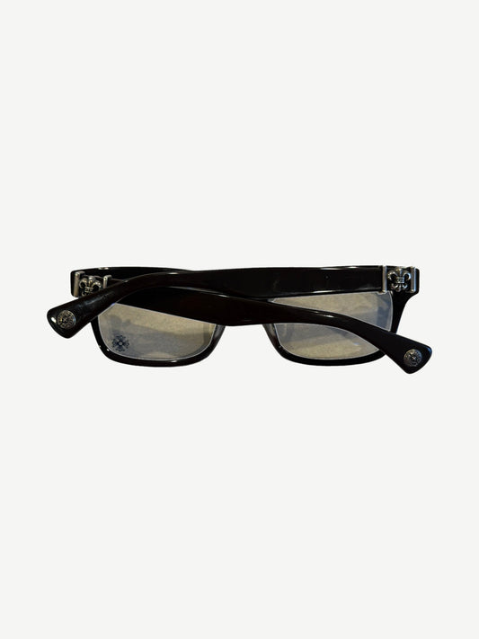 Chrome Hearts Gittin Any? brown tortoise frame glasses, side angle showing engraved silver temples