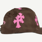 Chrome Hearts brown baseball hat back view, adjustable strap closure and pink leather trim