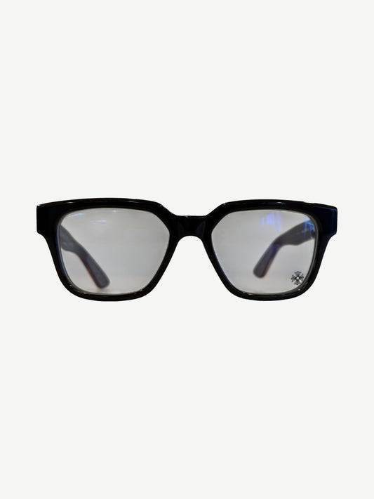 Chrome Hearts Vagillionaire glasses front view in dark brown frames with clear lenses and small cross logo