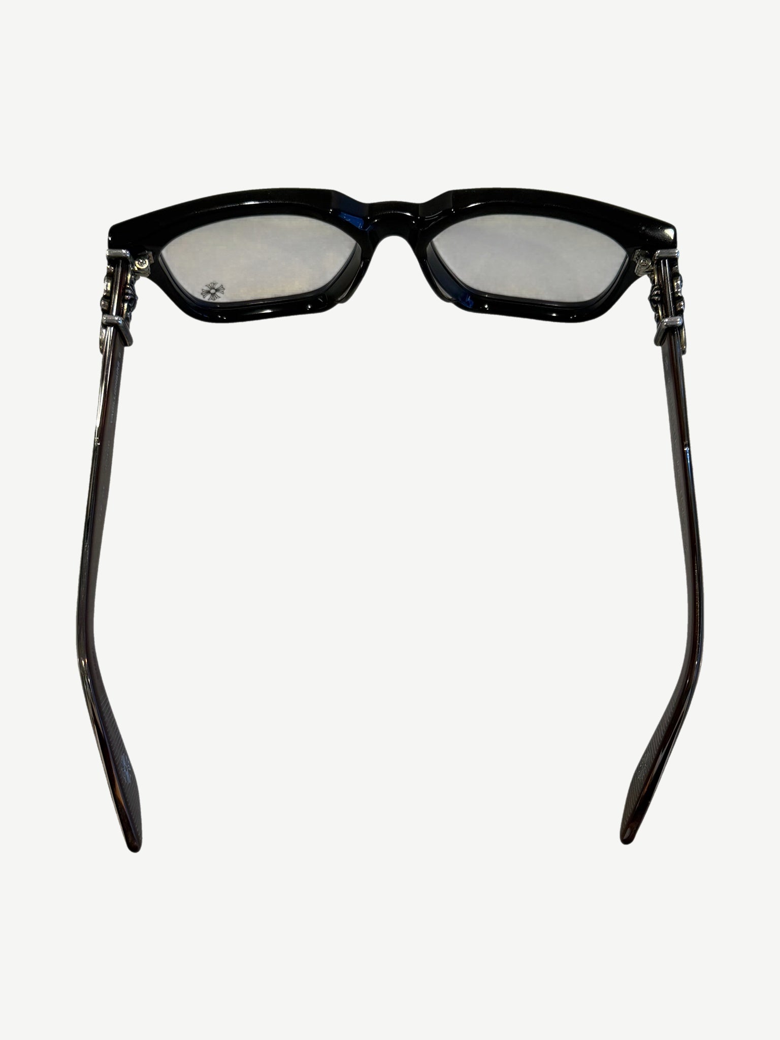 Chrome Hearts Vagillionaire glasses back view showing brown temples and silver engraved cross hinge hardware