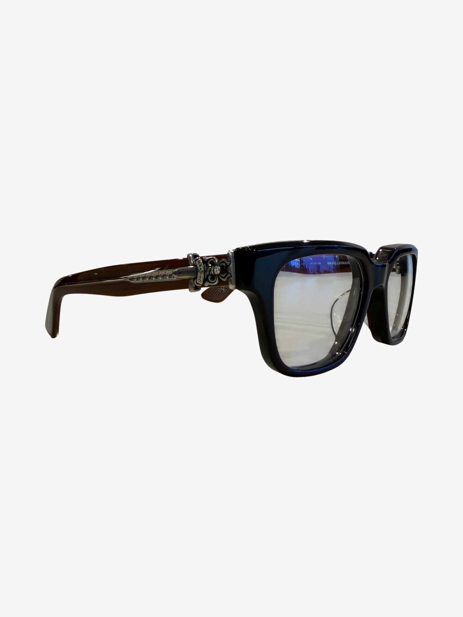 Chrome Hearts Vagillionaire square glasses side view in glossy brown acetate with silver dagger temple hardware