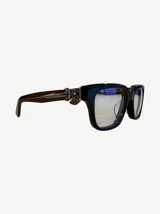 Chrome Hearts Vagillionaire square glasses side view in glossy brown acetate with silver dagger temple hardware