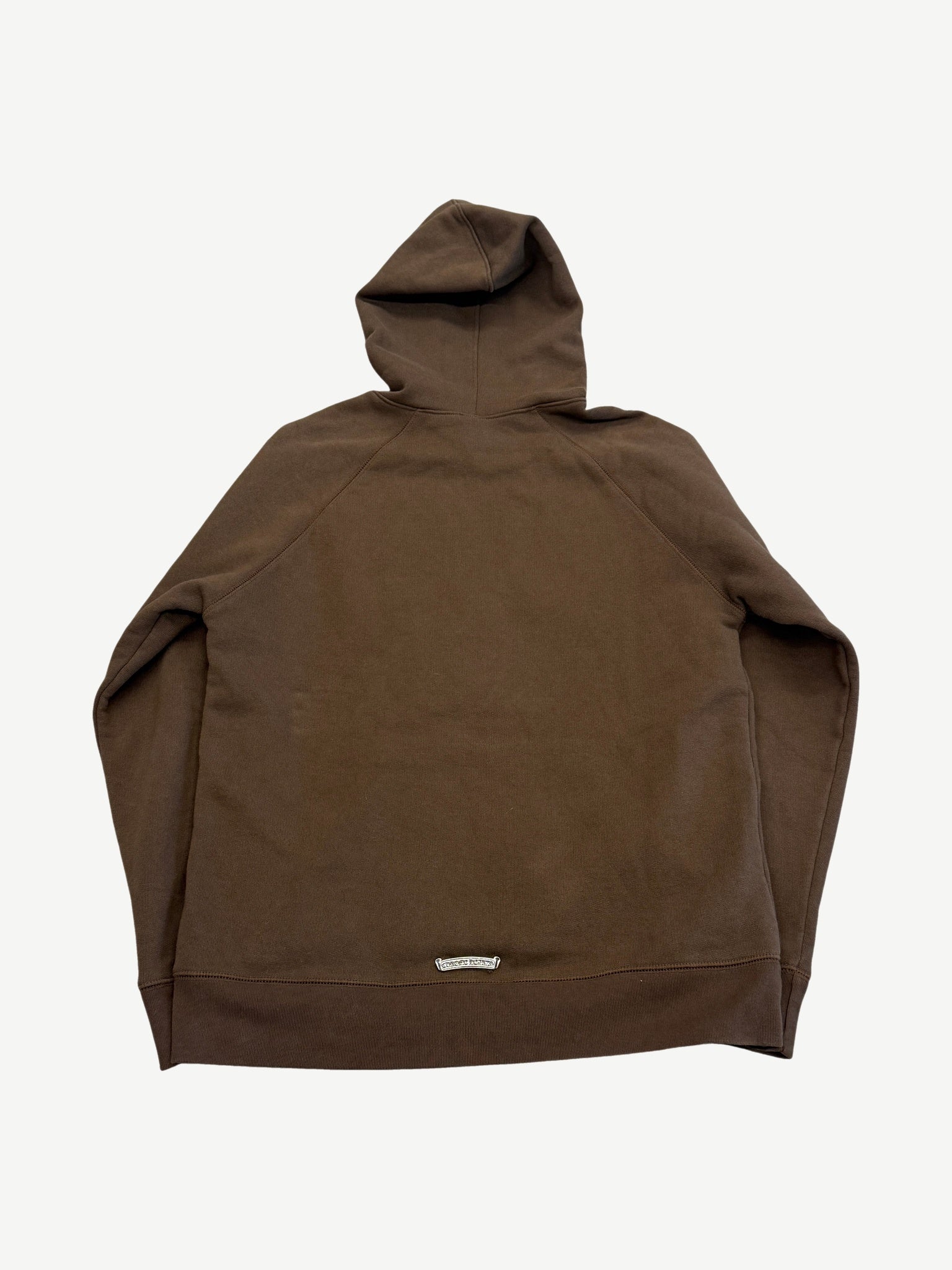 Chrome Hearts brown Slo Ride hoodie back plain view with metal logo plate at hem