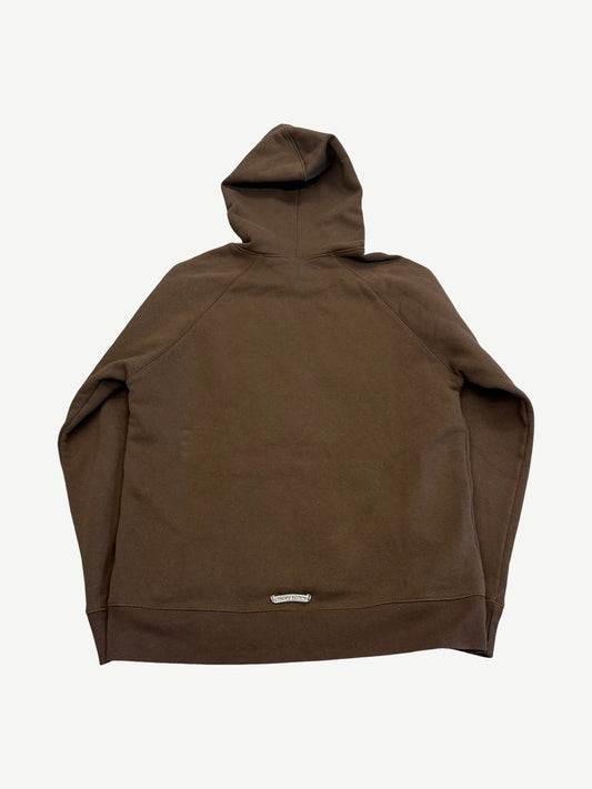 Chrome Hearts brown Slo Ride hoodie back plain view with metal logo plate at hem