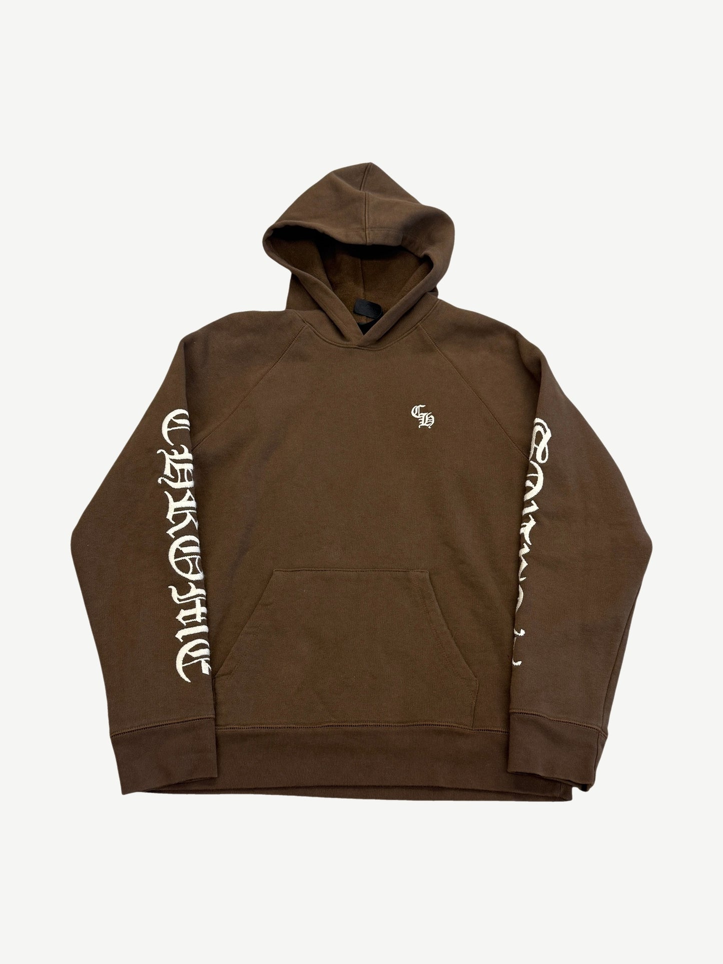 Chrome Hearts brown hoodie front with small CH chest embroidery and tonal gothic sleeve text