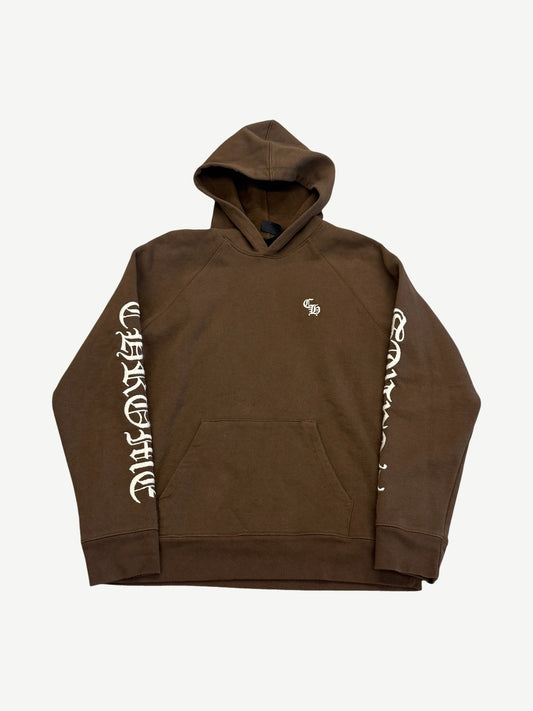 Chrome Hearts brown hoodie front with small CH chest embroidery and tonal gothic sleeve text
