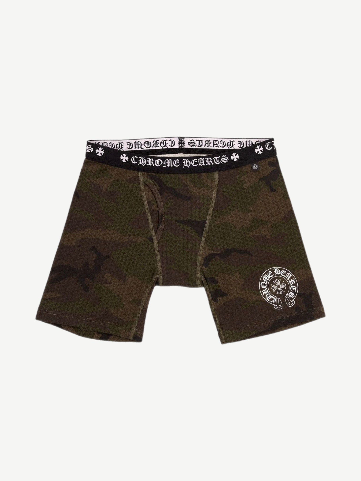 Chrome Hearts green camo long boxer brief front with branded waistband and horseshoe logo on right thigh