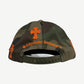 Chrome Hearts camo baseball cap rear with orange gothic Chrome Hearts and cross embroidery