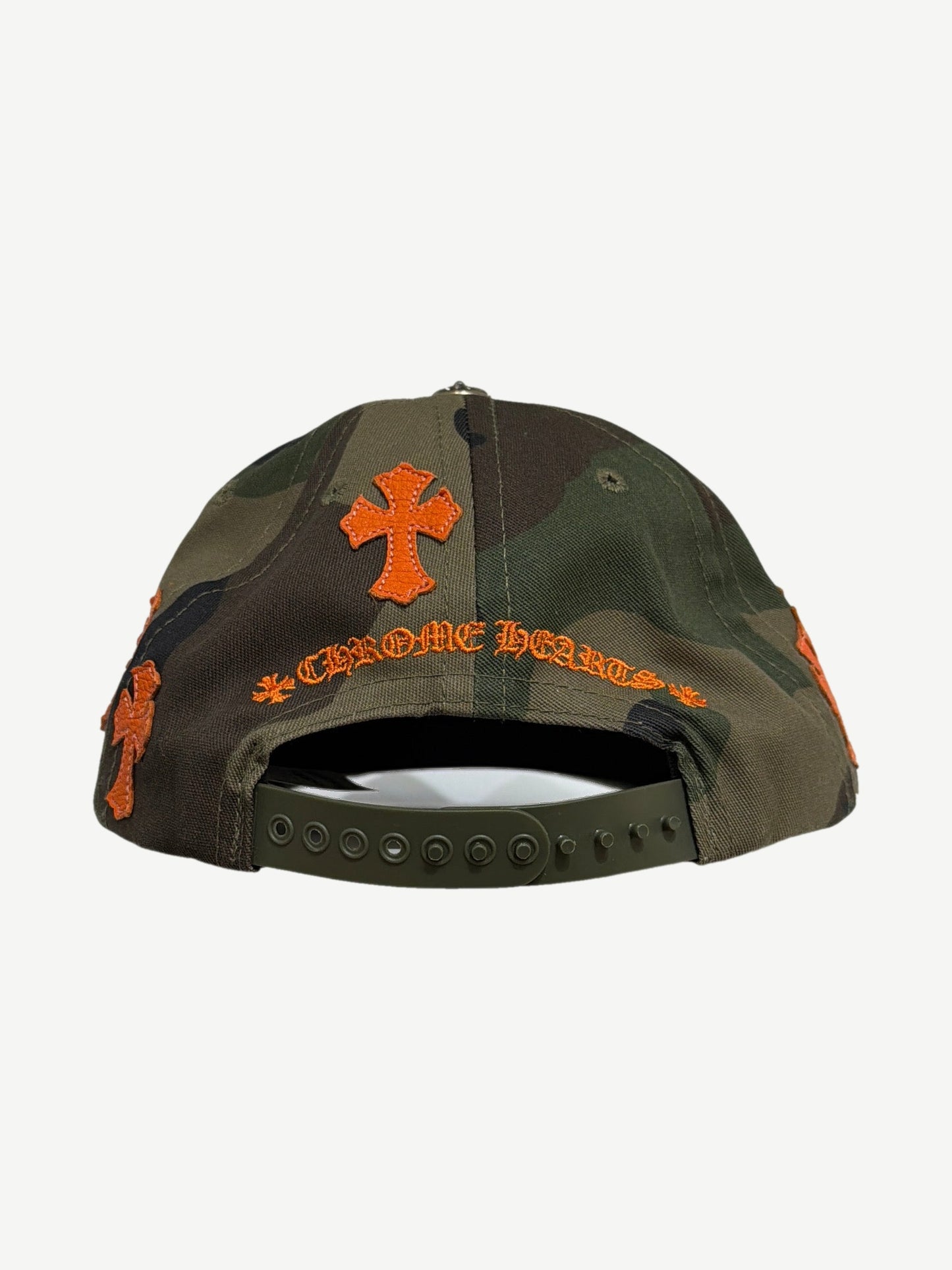 Chrome Hearts camo baseball cap rear with orange gothic Chrome Hearts and cross embroidery