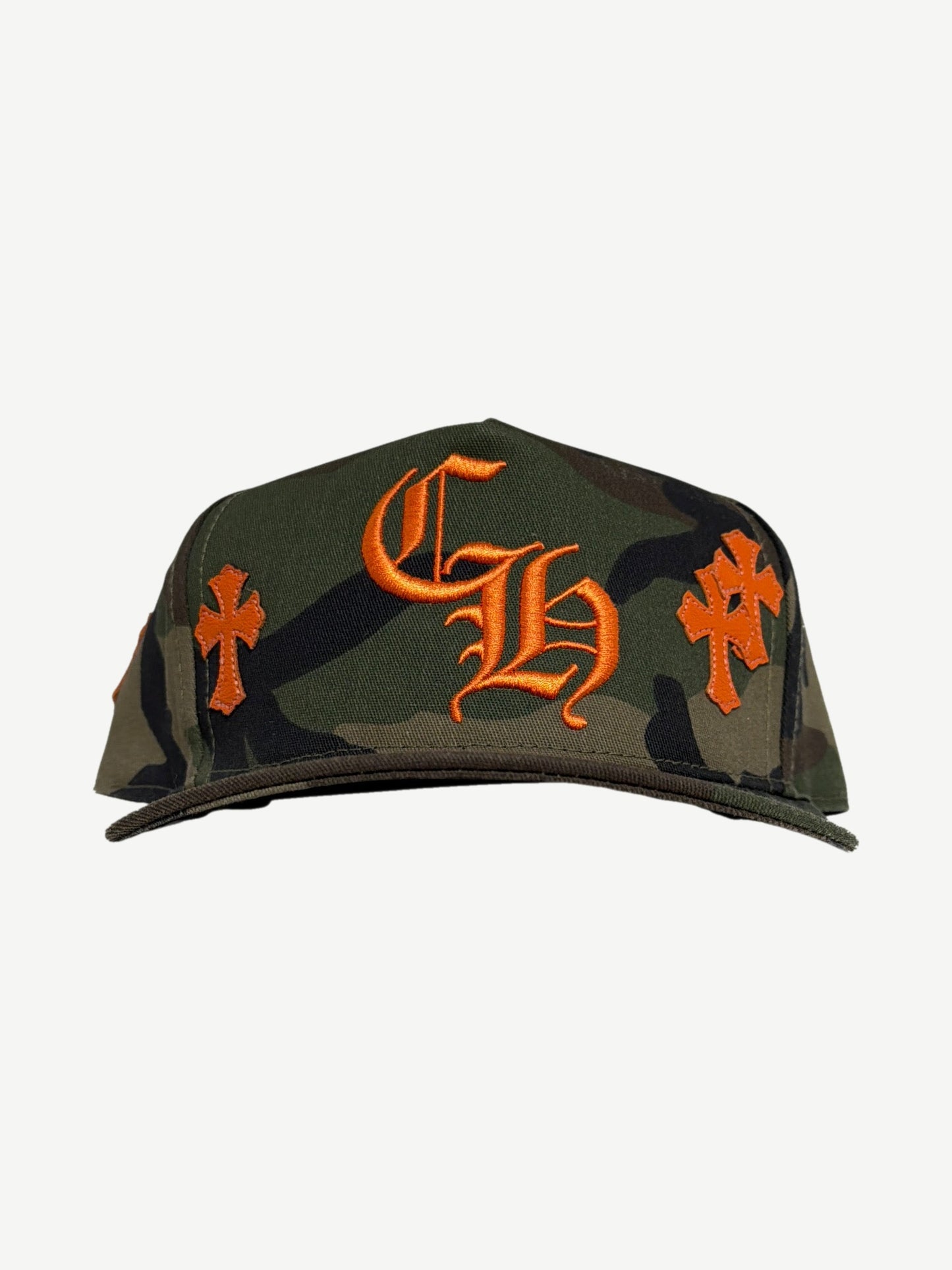 Chrome Hearts woodland camo baseball cap with orange CH old english and orange cross leather patches