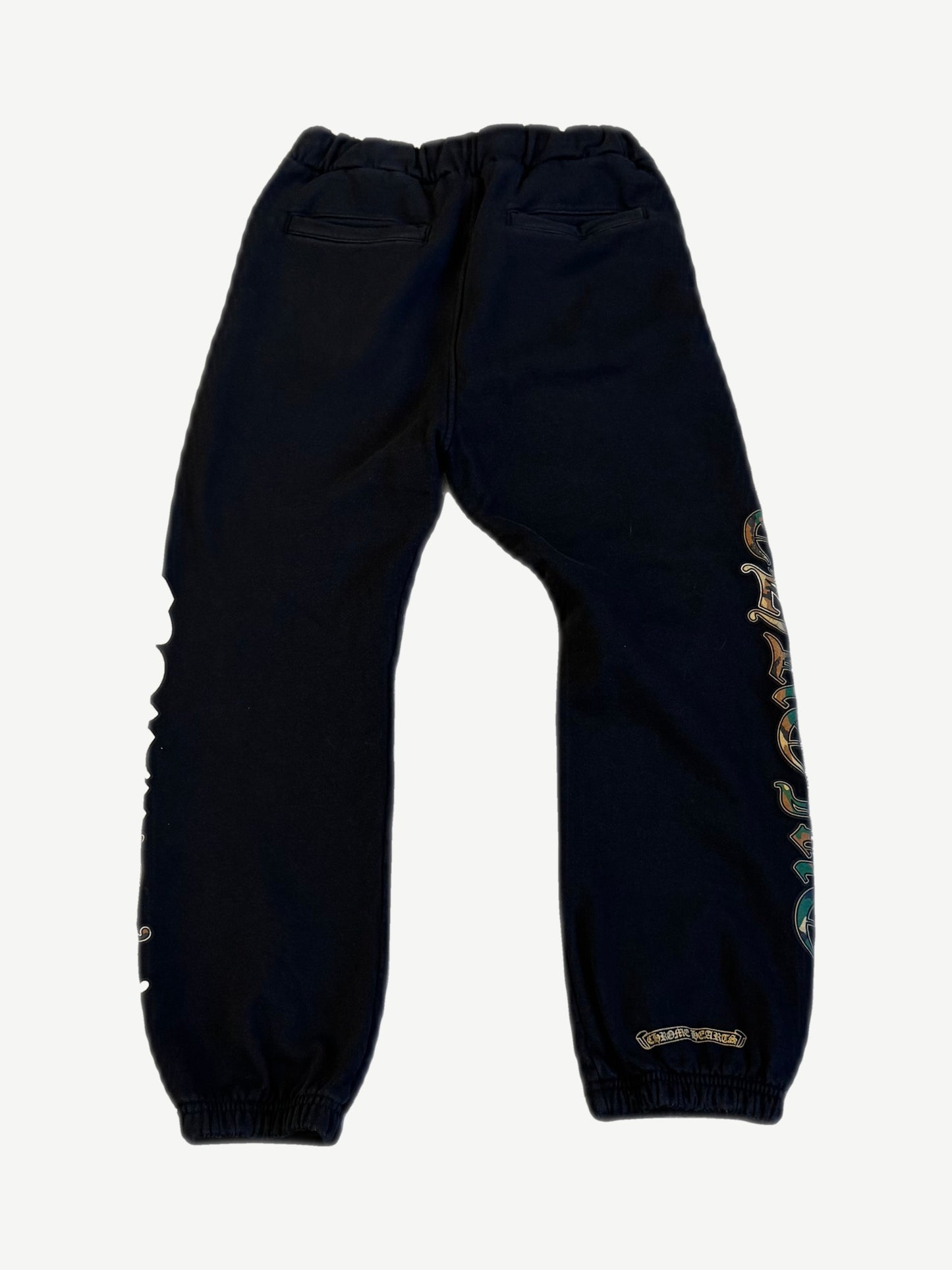 Chrome Hearts camo triple cross sweatpants back view showing camo Chrome Hearts arch print on leg