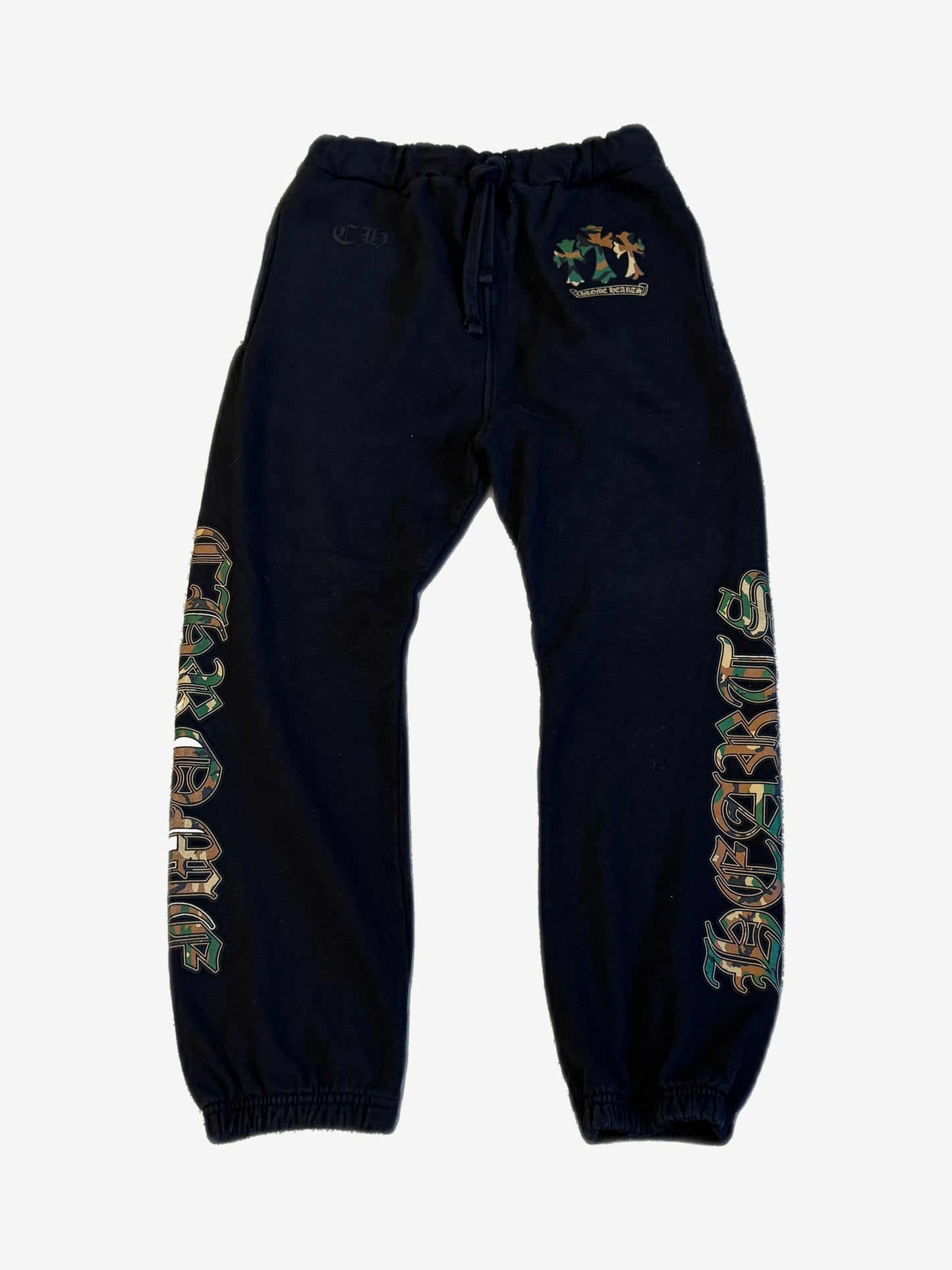 Chrome Hearts camo triple cross cemetery sweatpants in black with camo Old English logo down leg