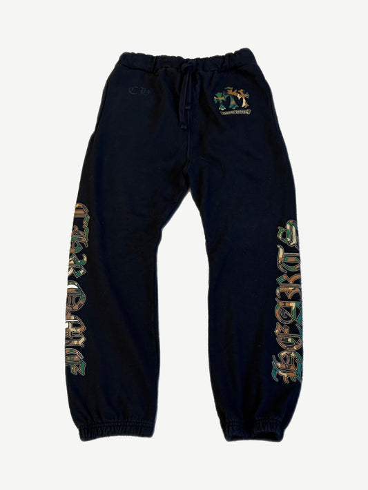 Chrome Hearts camo triple cross cemetery sweatpants in black with camo Old English logo down leg