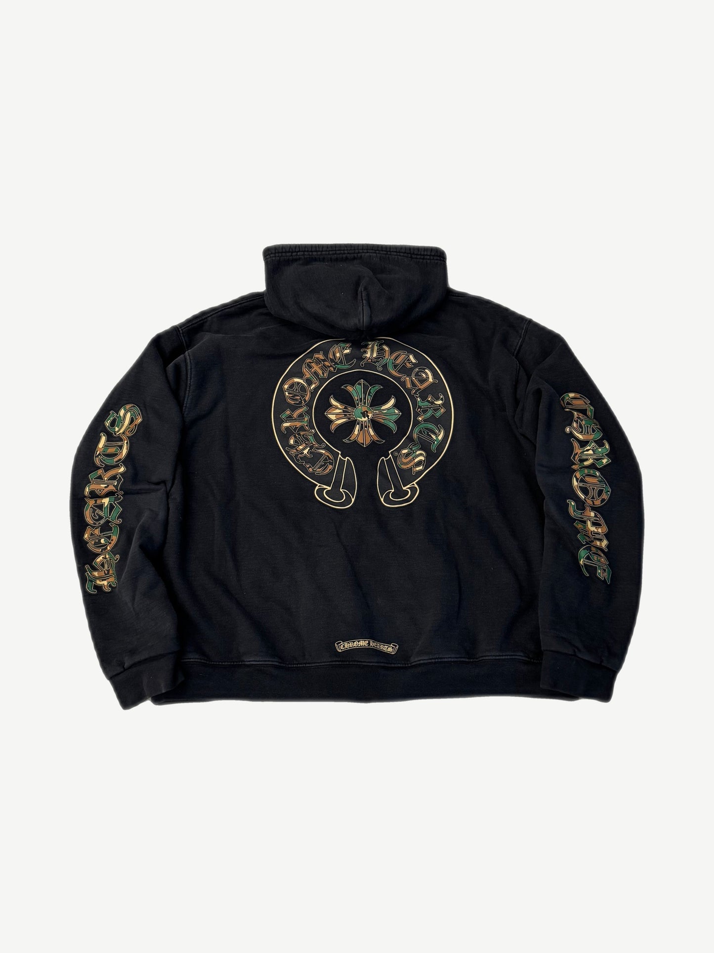 Chrome Hearts black thermal zip-up hoodie back with large camo horseshoe cross and sleeve gothic