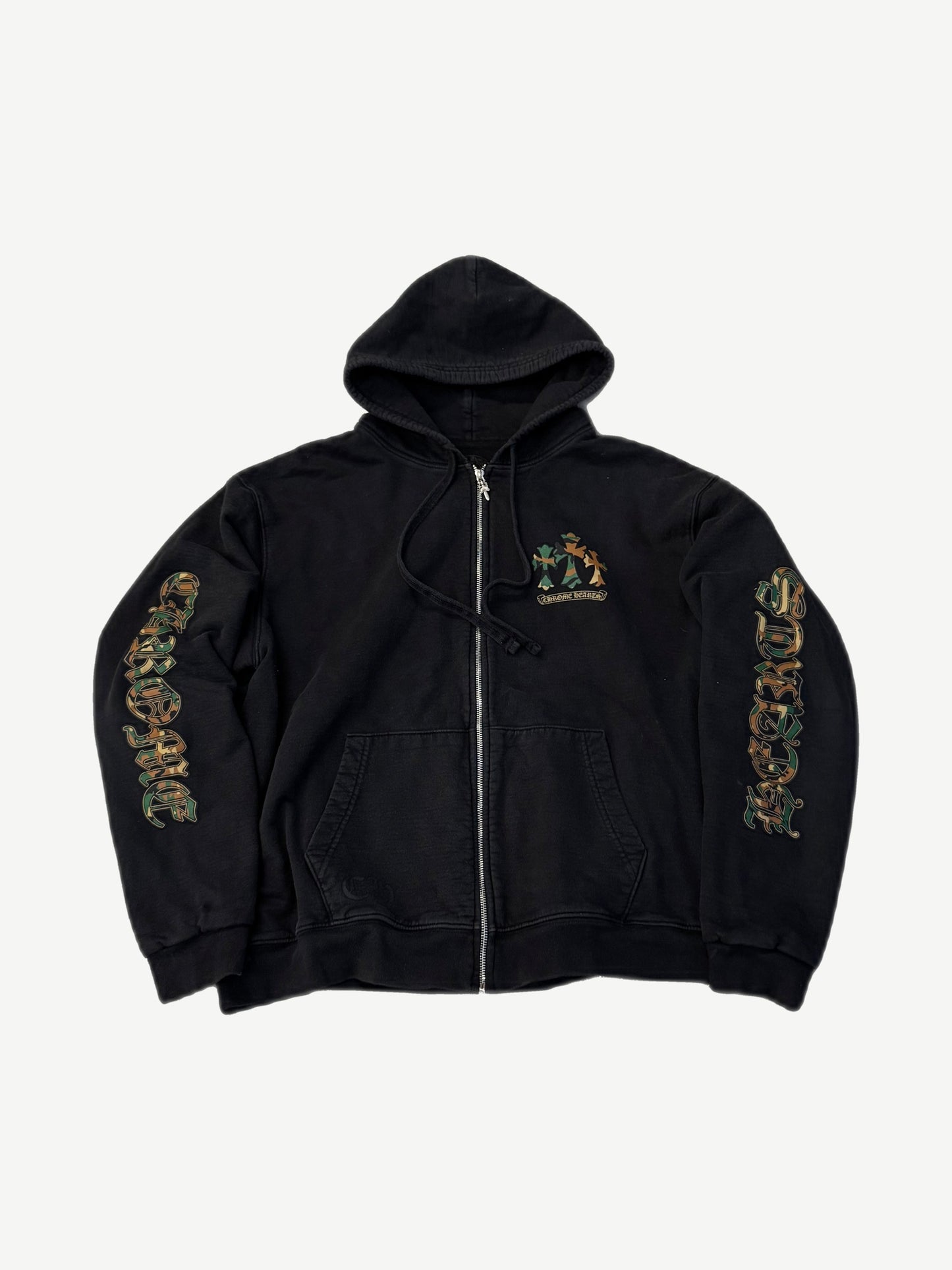 Chrome Hearts black thermal zip-up hoodie front with camo cross chest patch and camo sleeve gothic