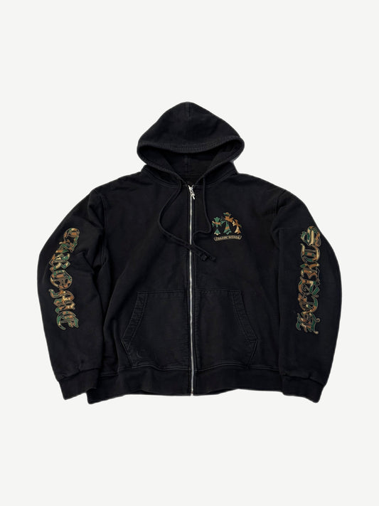 Chrome Hearts black thermal zip-up hoodie front with camo cross chest patch and camo sleeve gothic